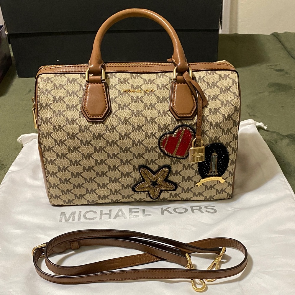 Michael Kors Cream Signature Satchel with Brown Trim and Patch Accents